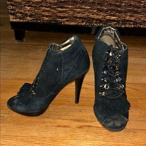 N.Y.L.A. Black Lace-Up Fringe Peep Toe Boots
